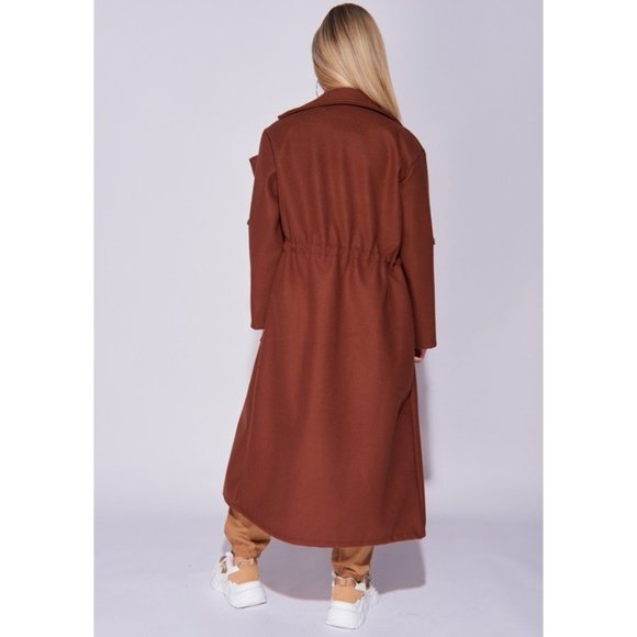 Brown Big Collar Full Sleeve Check Long Coat main image 1